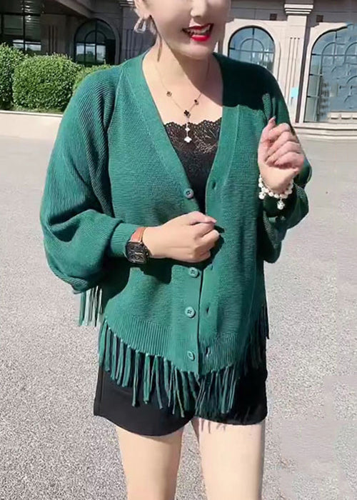 Loose Green Tasseled Button Knit Cardigans Batwing Sleeve Ada Fashion