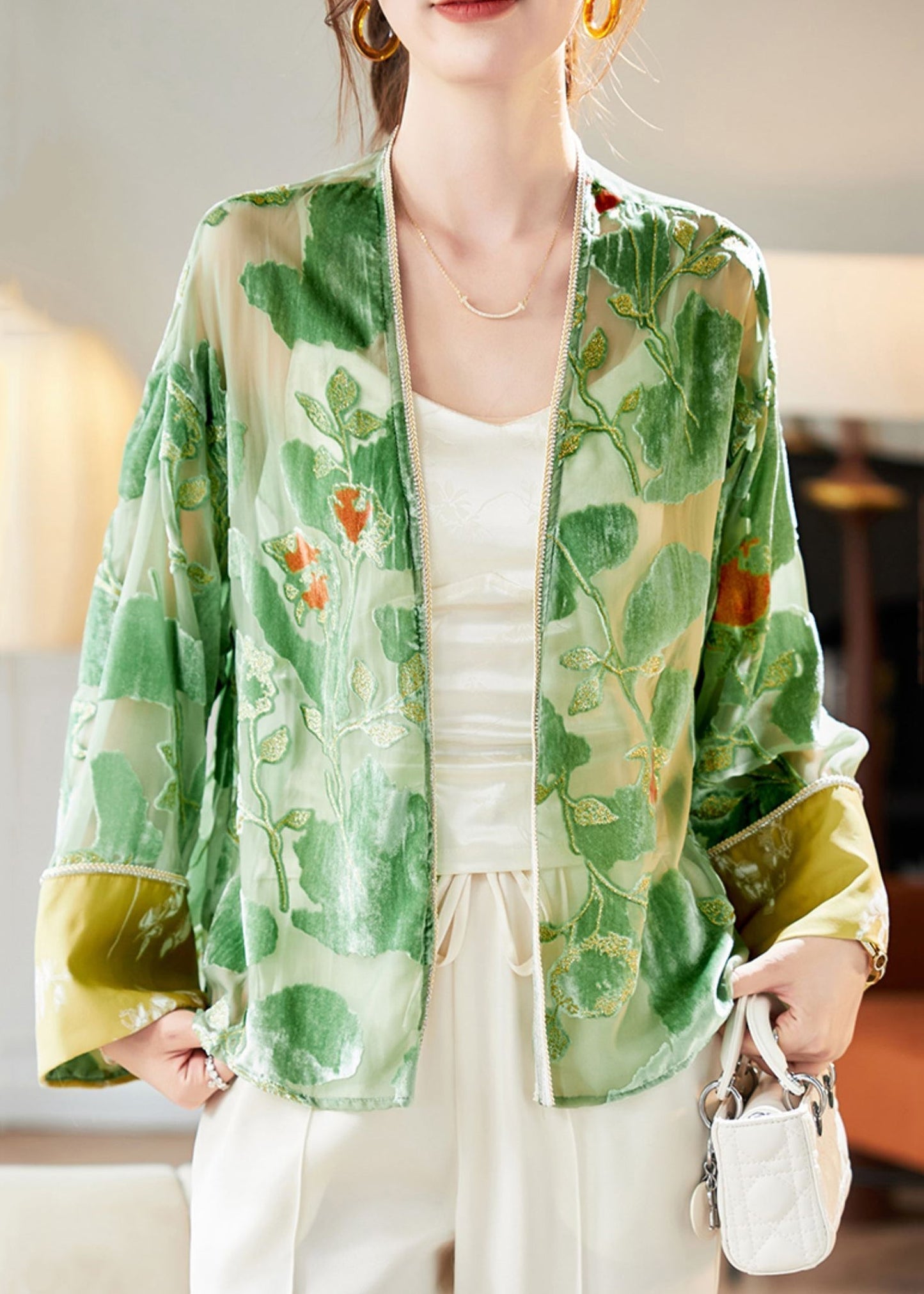 Loose Green V Neck Patchwork Silk Velvet Cardigan Long Sleeve AM1003