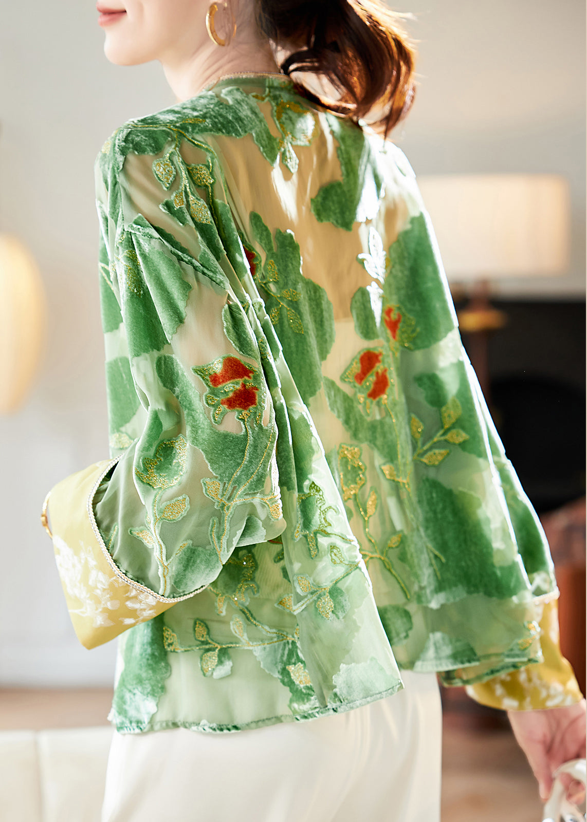 Loose Green V Neck Patchwork Silk Velvet Cardigan Long Sleeve AM1003