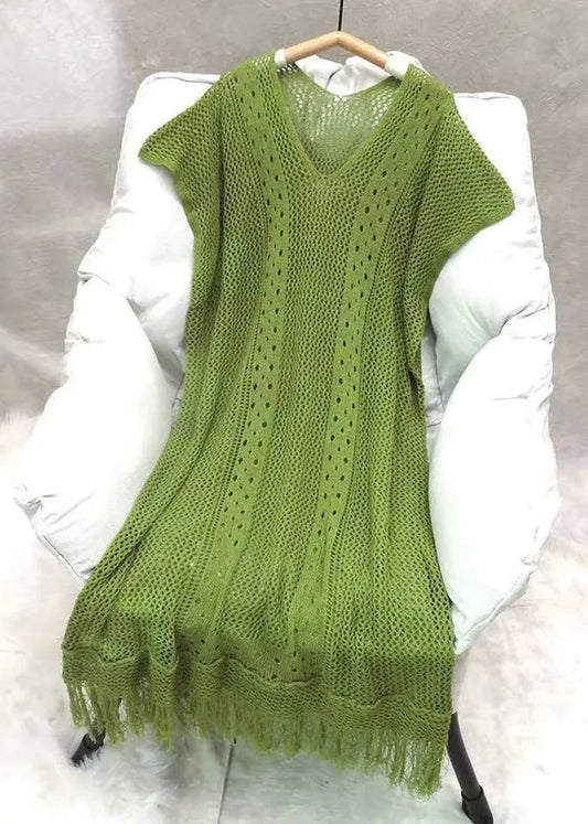 Loose Green V Neck Tasseled Hollow Out Knit Dress Summer HA1001 Ada Fashion