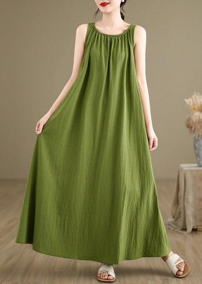 Loose Green Wrinkled Solid Cotton Maxi Dresses Sleeveless JH054