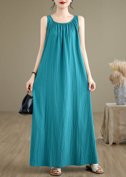 Loose Green Wrinkled Solid Cotton Maxi Dresses Sleeveless JH054