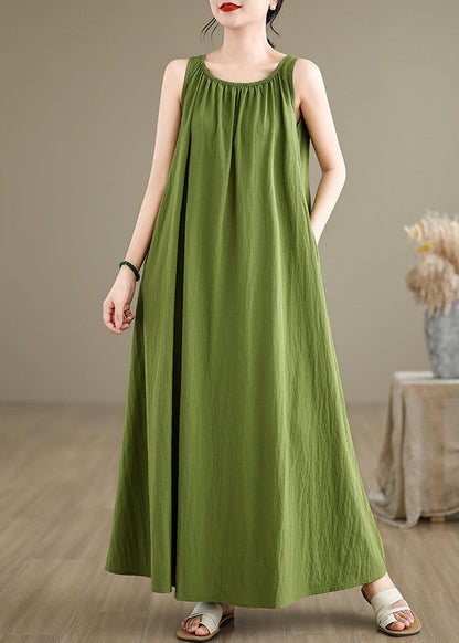 Loose Green Wrinkled Solid Cotton Maxi Dresses Sleeveless JH054