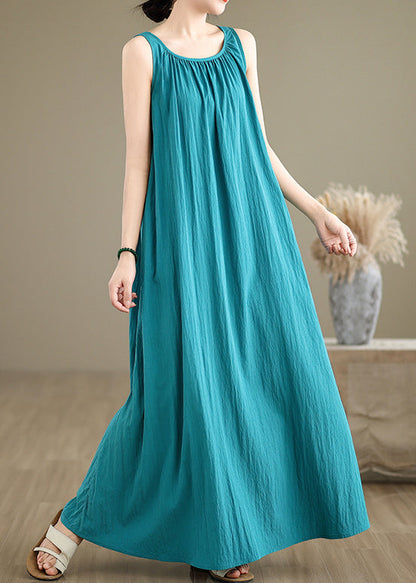 Loose Green Wrinkled Solid Cotton Maxi Dresses Sleeveless JH054