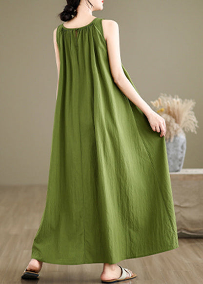 Loose Green Wrinkled Solid Cotton Maxi Dresses Sleeveless JH054