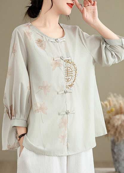 Loose Grey Embroidered Button Print Cotton Shirts Spring VV036