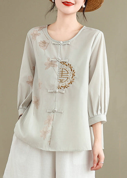 Loose Grey Embroidered Button Print Cotton Shirts Spring VV036