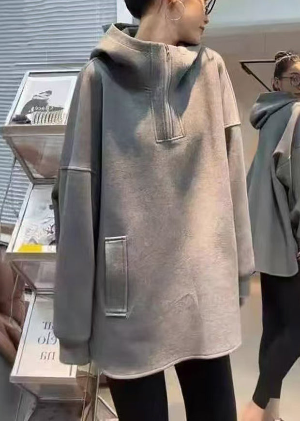 Lose Frühling Reißverschluss Kapuzen Sweatshirts Baumwolle Grau