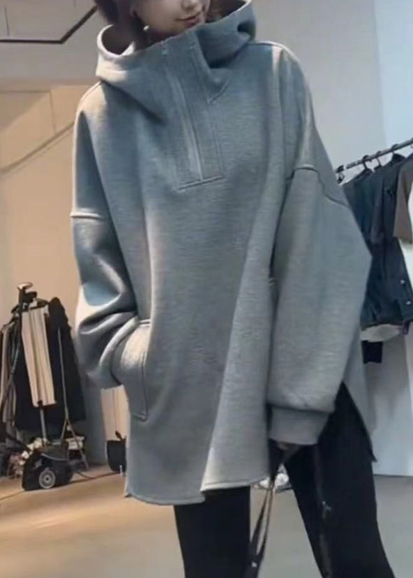 Lose Frühling Reißverschluss Kapuzen Sweatshirts Baumwolle Grau