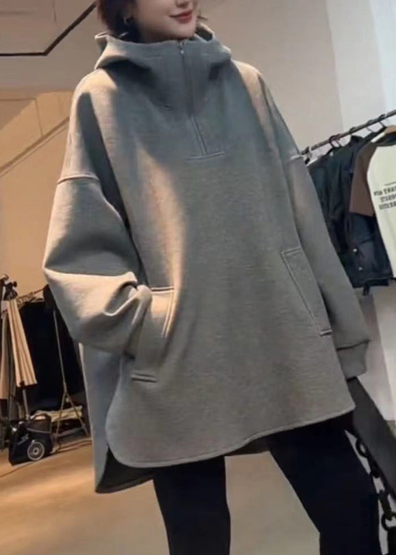 Lose Frühling Reißverschluss Kapuzen Sweatshirts Baumwolle Grau