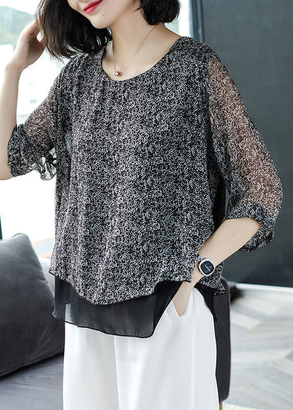 Loose Grey O Neck Chiffon Patchwork Top Bracelet Sleeve Ada Fashion