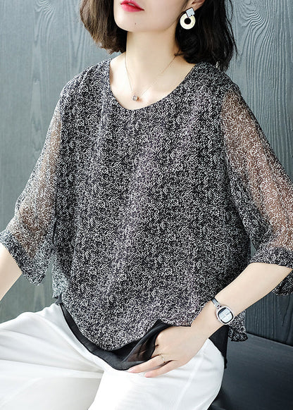 Loose Grey O Neck Chiffon Patchwork Top Bracelet Sleeve Ada Fashion