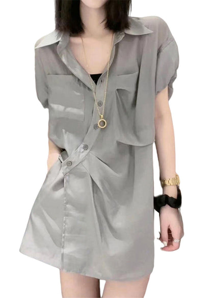 Loose Grey Peter Pan Collar Button Cotton Two Piece Set Summer GH1023