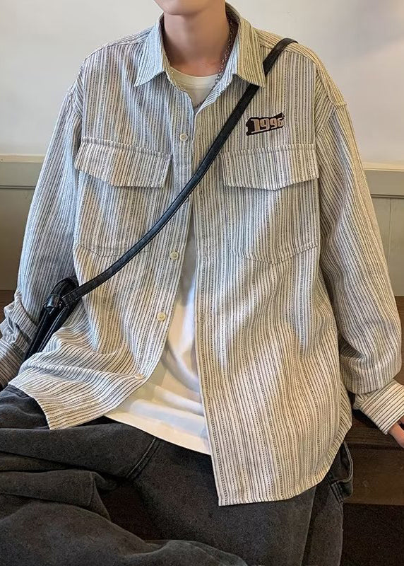 Striped Cotton Loose Grey Shirts Men Pockets Spring