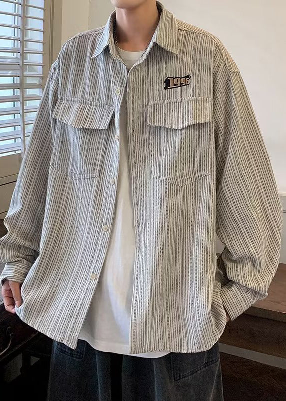 Striped Cotton Loose Grey Shirts Men Pockets Spring