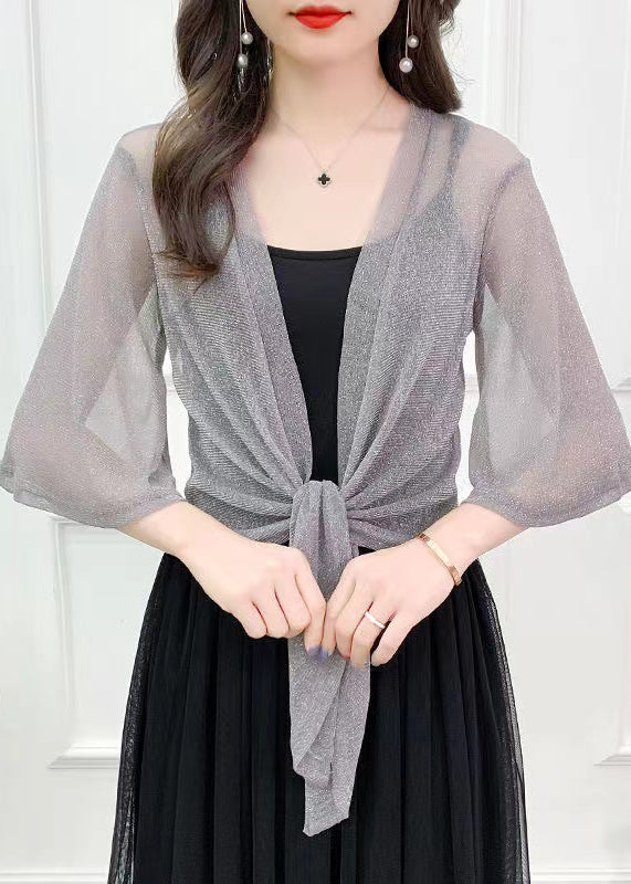 Loose Grey V Neck Lace Up Tulle Cardigans Half Sleeve AS1018 Ada Fashion