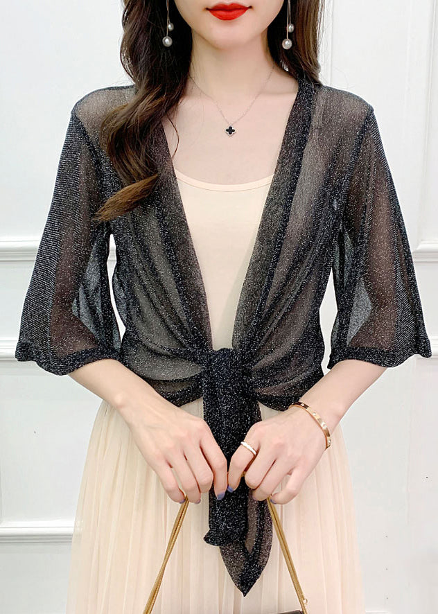 Loose Grey V Neck Lace Up Tulle Cardigans Half Sleeve AS1018 Ada Fashion