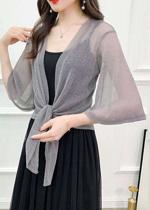 Loose Grey V Neck Lace Up Tulle Cardigans Half Sleeve AS1018 Ada Fashion