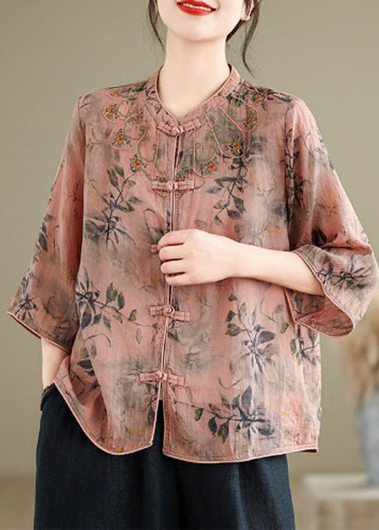 Loose Inki Pink Print Button Shirt Spring RX002