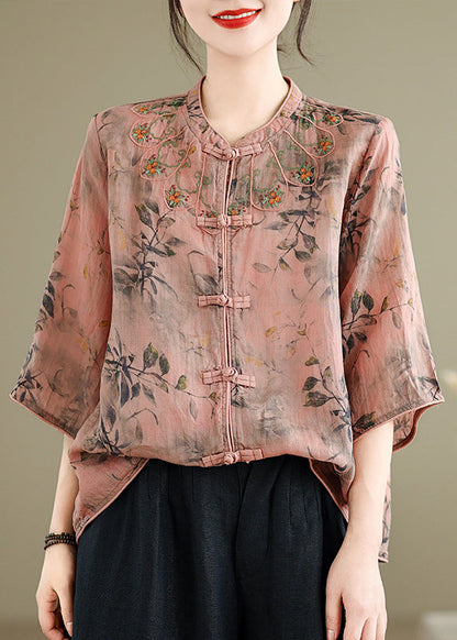 Loose Inki Pink Print Button Shirt Spring RX002