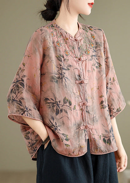 Loose Inki Pink Print Button Shirt Spring RX002