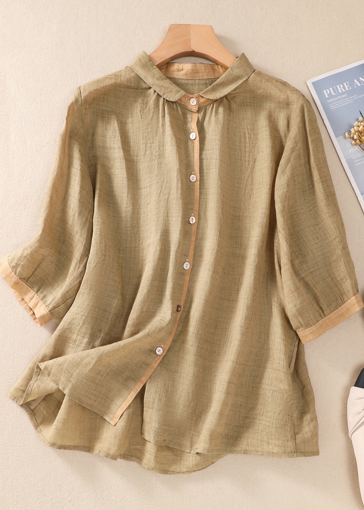 Loose Khaki Peter Pan Collar Button Linen Blouse Tops Summer AM1042