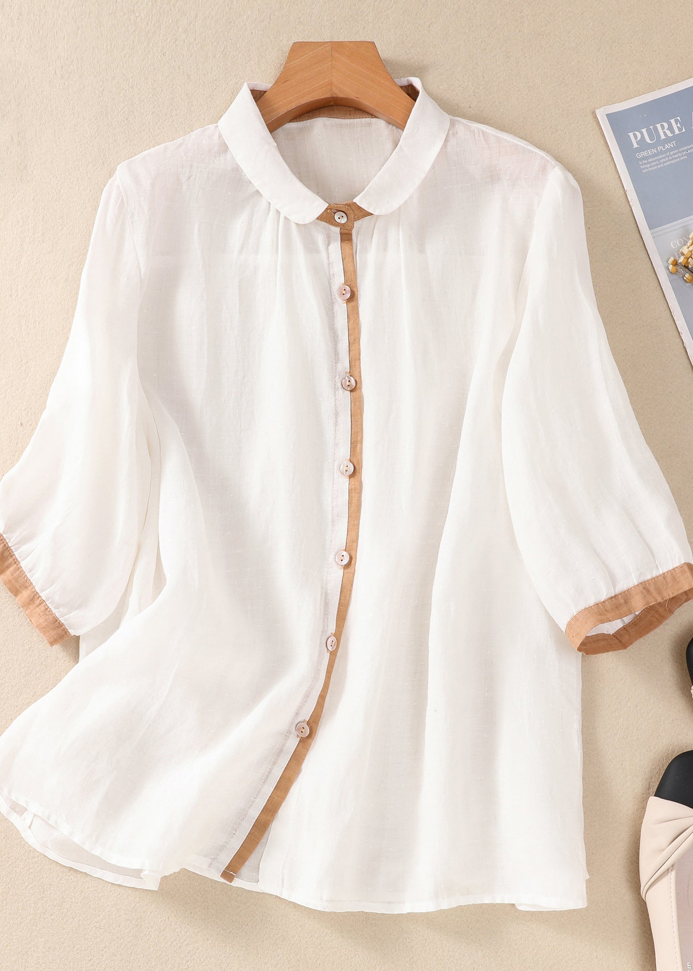 Loose Khaki Peter Pan Collar Button Linen Blouse Tops Summer AM1042