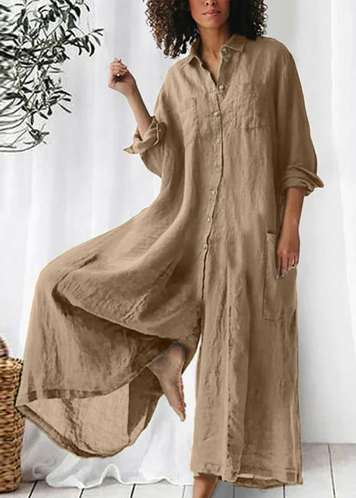 Loose Khaki Peter Pan Collar Button Pockets Linen Jumpsuits Long Sleeve FF067