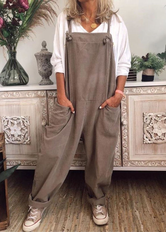 Loose Khaki Pockets Solid Cotton Jumpsuit Sleeveless FF062