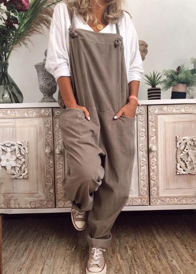 Loose Khaki Pockets Solid Cotton Jumpsuit Sleeveless FF062