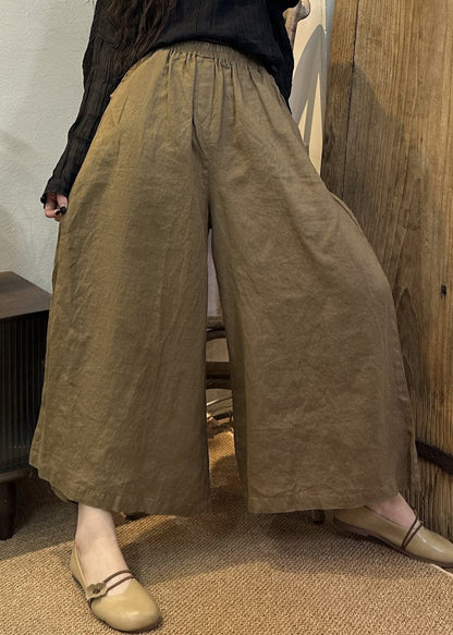 Loose Khaki Solid Elastic Waist Linen Wide Leg Pants Summer VV079