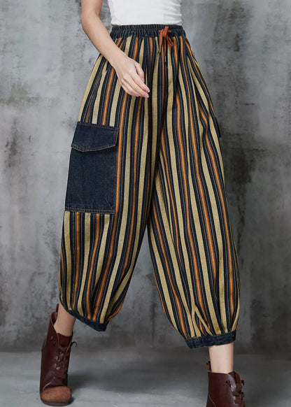 Loose Khaki Striped Patchwork Pockets Denim Pants Spring Ada Fashion