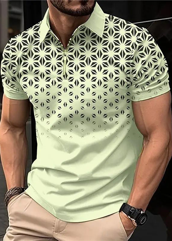 Cotton Up Zip Polo Print Shirts Loose Mens Khaki Summer