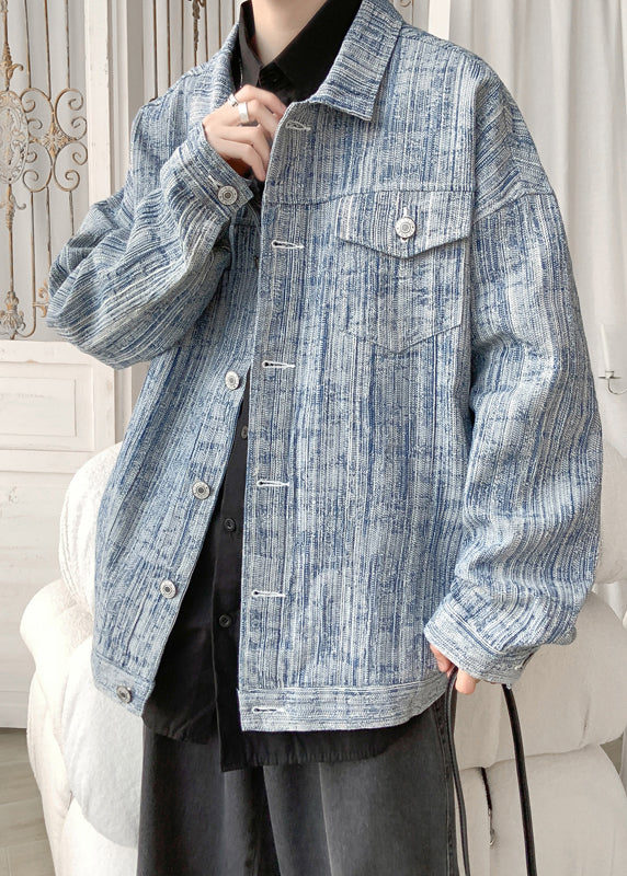 Loose Light Blue Button Pockets Denim Men Coat Fall WA032