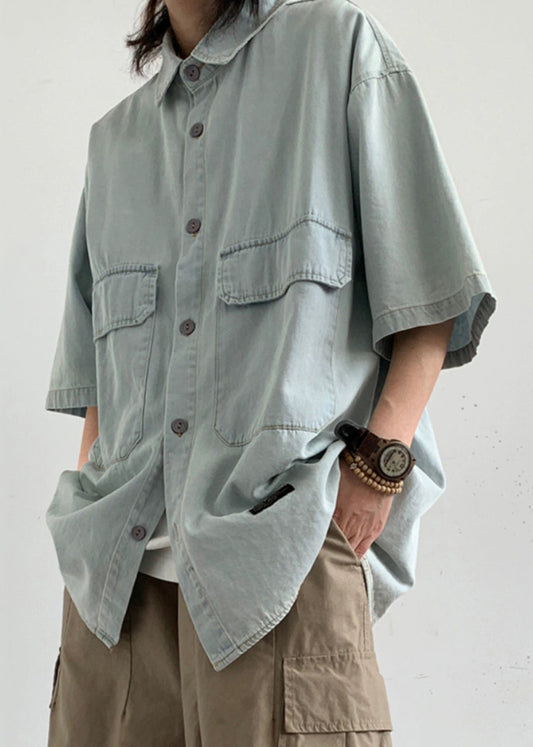 Chemises d'été légères en denim pour hommes, poches amples, bleu