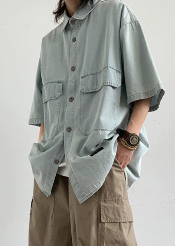 Summer Button Denim Men's Light Shirts Loose Pockets Blue