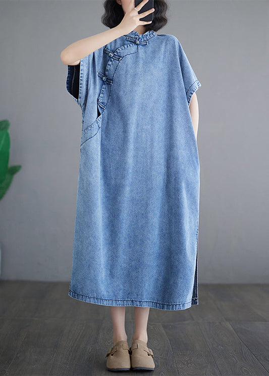 Robes en jean à manches amples, légères, col montant, maxi, bleues, courtes