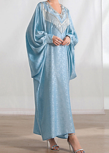 Loose Light Blue Tasseled Zircon Silk Long Dresses Batwing Sleeve AA1056