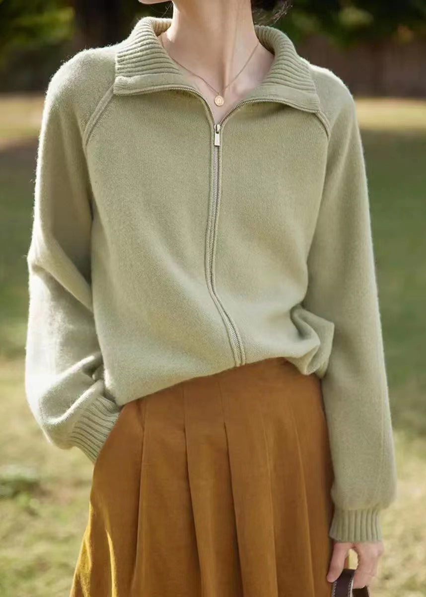 Manteau en tricot patchwork vert clair ample à manches longues et fermeture éclair TU033