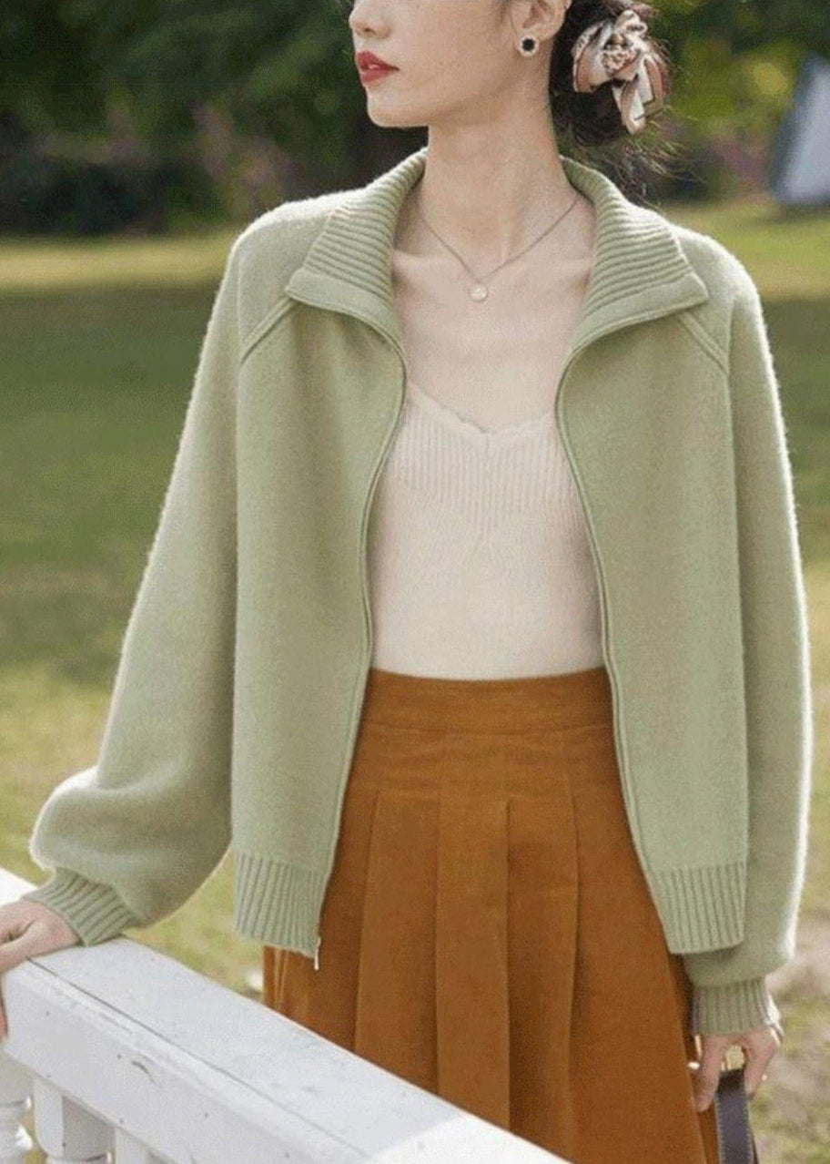 Manteau en tricot patchwork vert clair ample à manches longues et fermeture éclair TU033