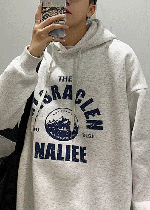 Sweat-shirt ample gris clair à capuche et lacets en polaire chaude pour homme, imprimé, printemps YQ034