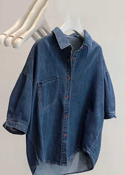 Loose Light Grey Peter Pan Collar Patchwork Low High Design Denim Shirt Summer VB1080