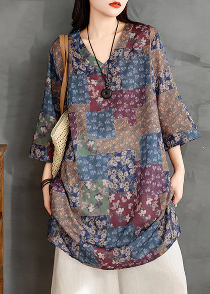 Loose Multi V Neck Print Long Shirts Long Sleeve UU026