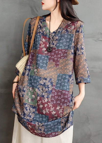 Loose Multi V Neck Print Long Shirts Long Sleeve UU026