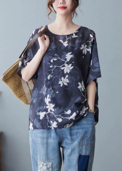 Loose Navy O Neck Print Linen T Shirts Summer JH020