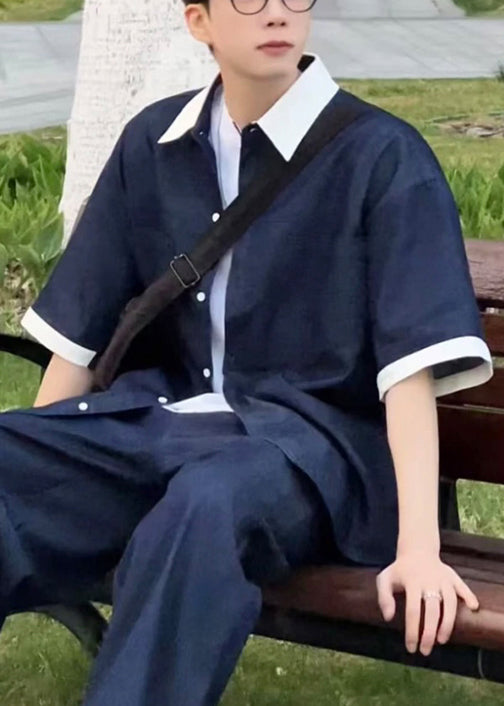 Chemises d'été amples à col Peter pour homme, patchwork, denim bleu marine