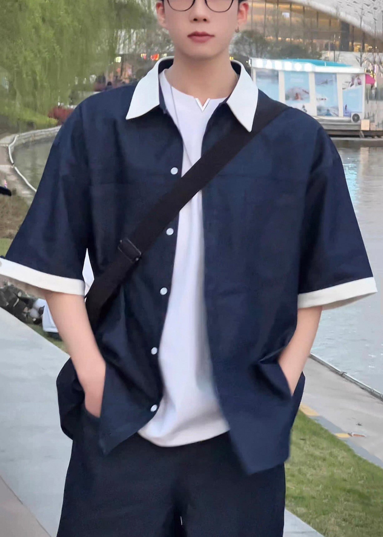 Chemises d'été amples à col Peter pour homme, patchwork, denim bleu marine