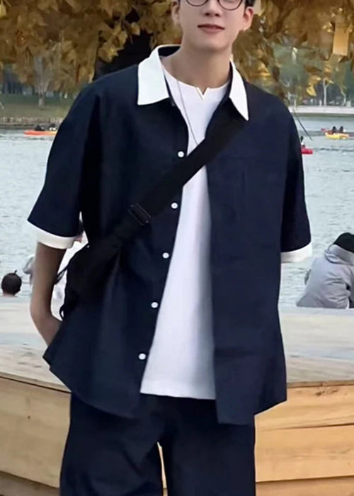 Chemises d'été amples à col Peter pour homme, patchwork, denim bleu marine