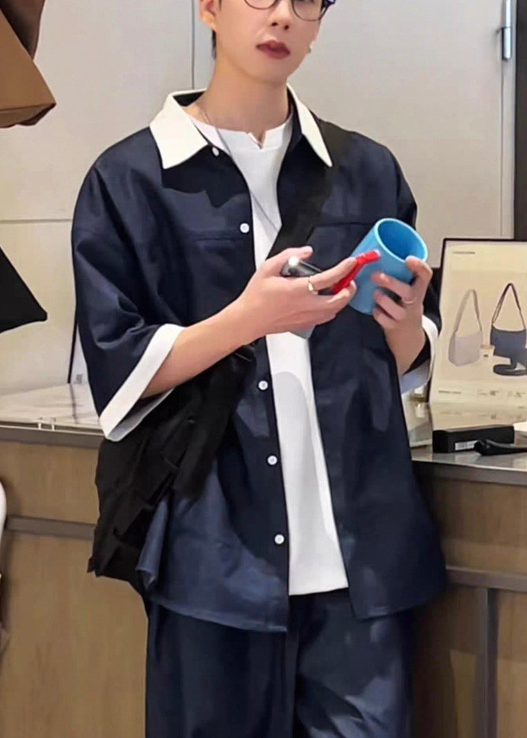 Chemises d'été amples à col Peter pour homme, patchwork, denim bleu marine