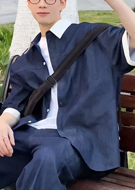 Chemises d'été amples à col Peter pour homme, patchwork, denim bleu marine